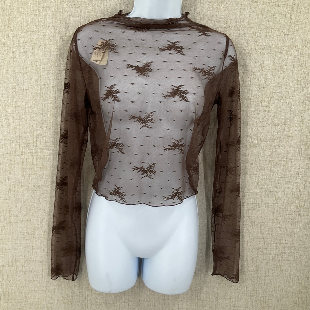 Aerie Mesh Top Women Size S Brown Floral Lace‎ Sheer Boho Coquette Fairycore NEW